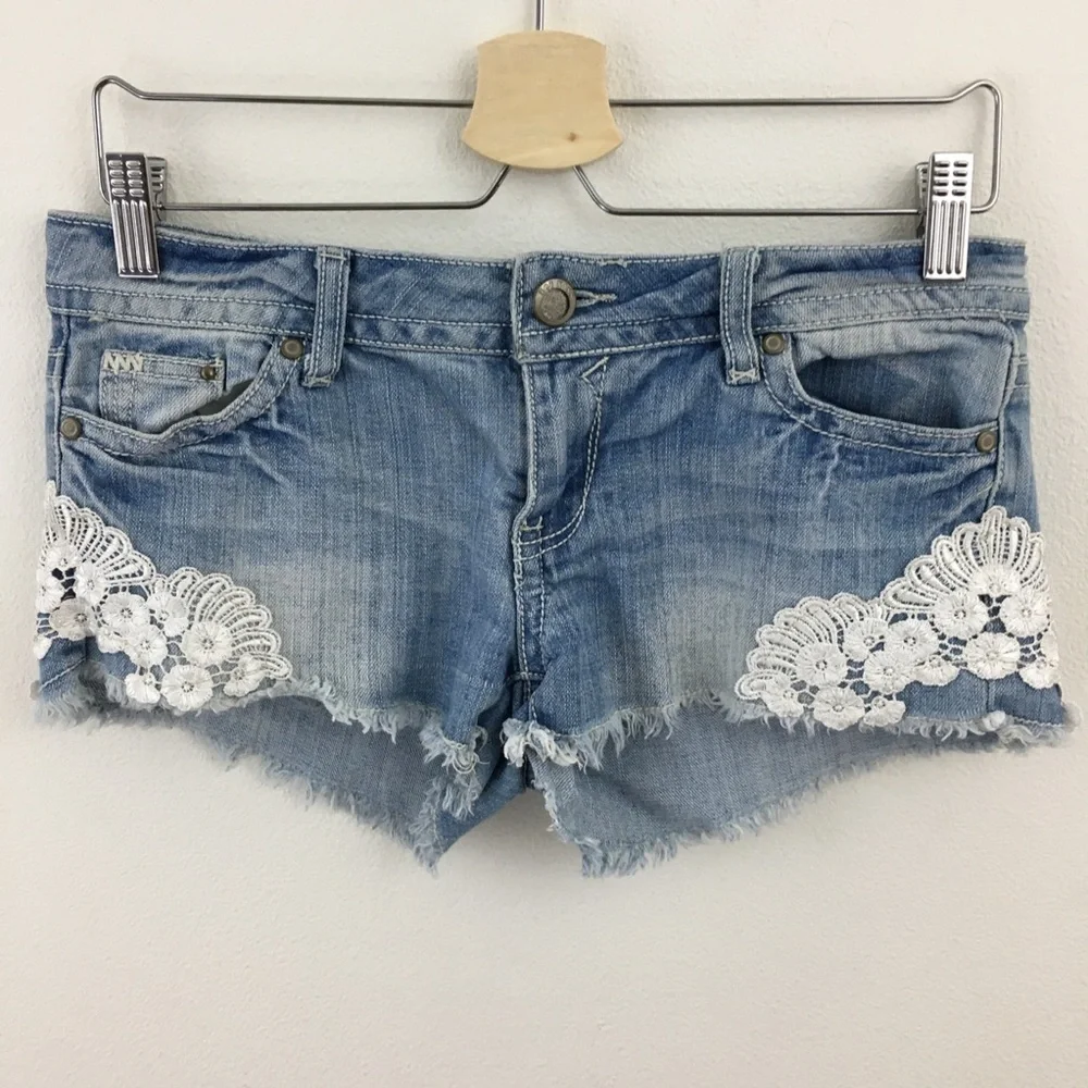 Hot Kiss | Blue Denim & Lace Jean Shorts - Picture 1 of 7